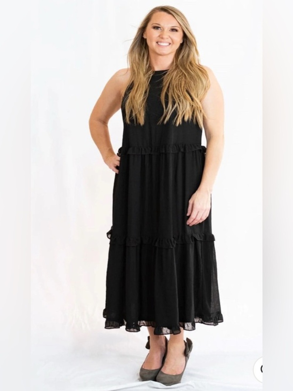 SHE + SKY Black Tiered Ruffle Midi Dress S Boho Minimalist Chic NWT Capsule